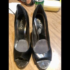 ALDO Black peep toe heels with chrome heel! Size 7
